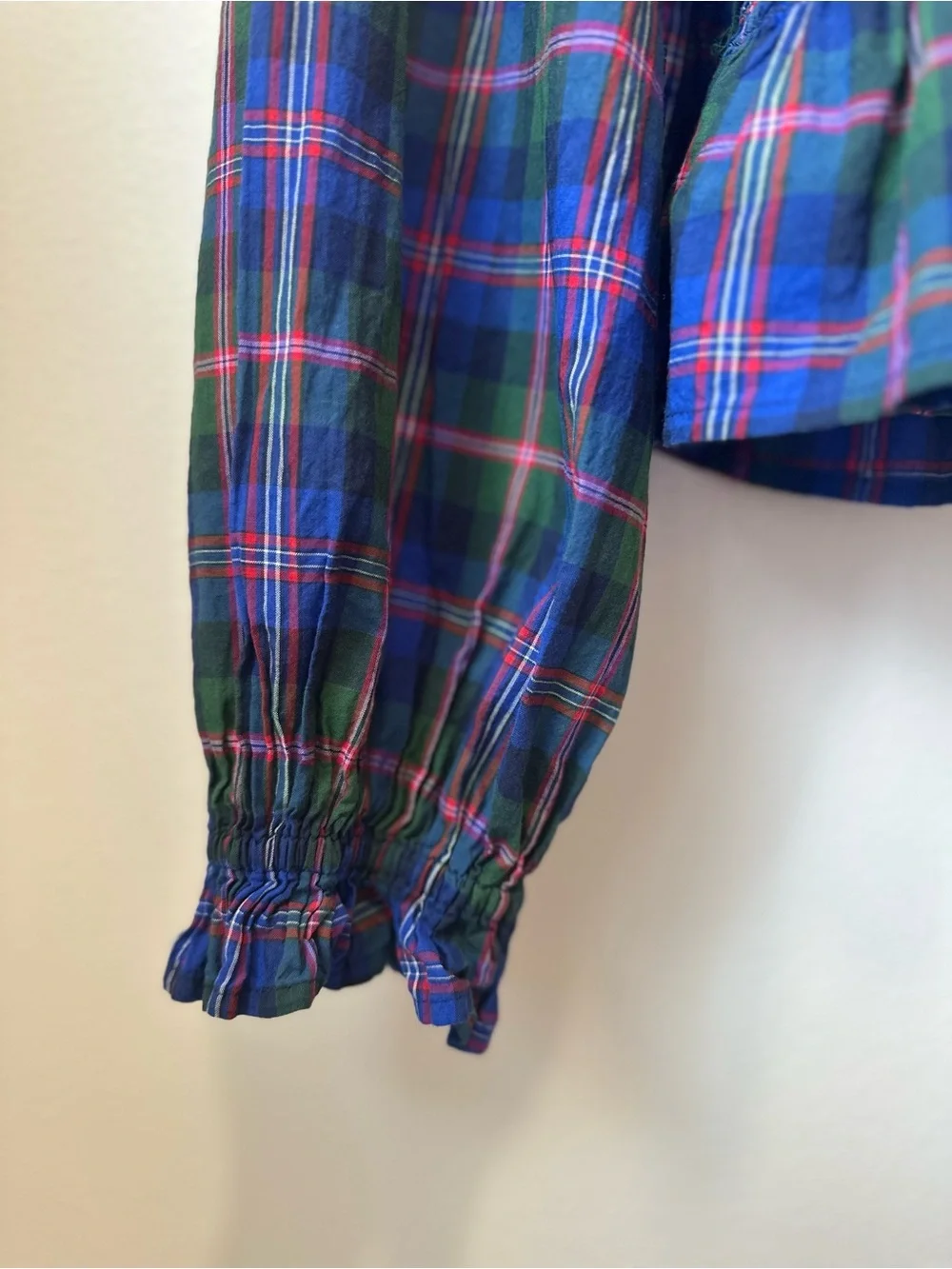 Old Navy Blue & Green Plaid Smocked Peplum Blouse Medium